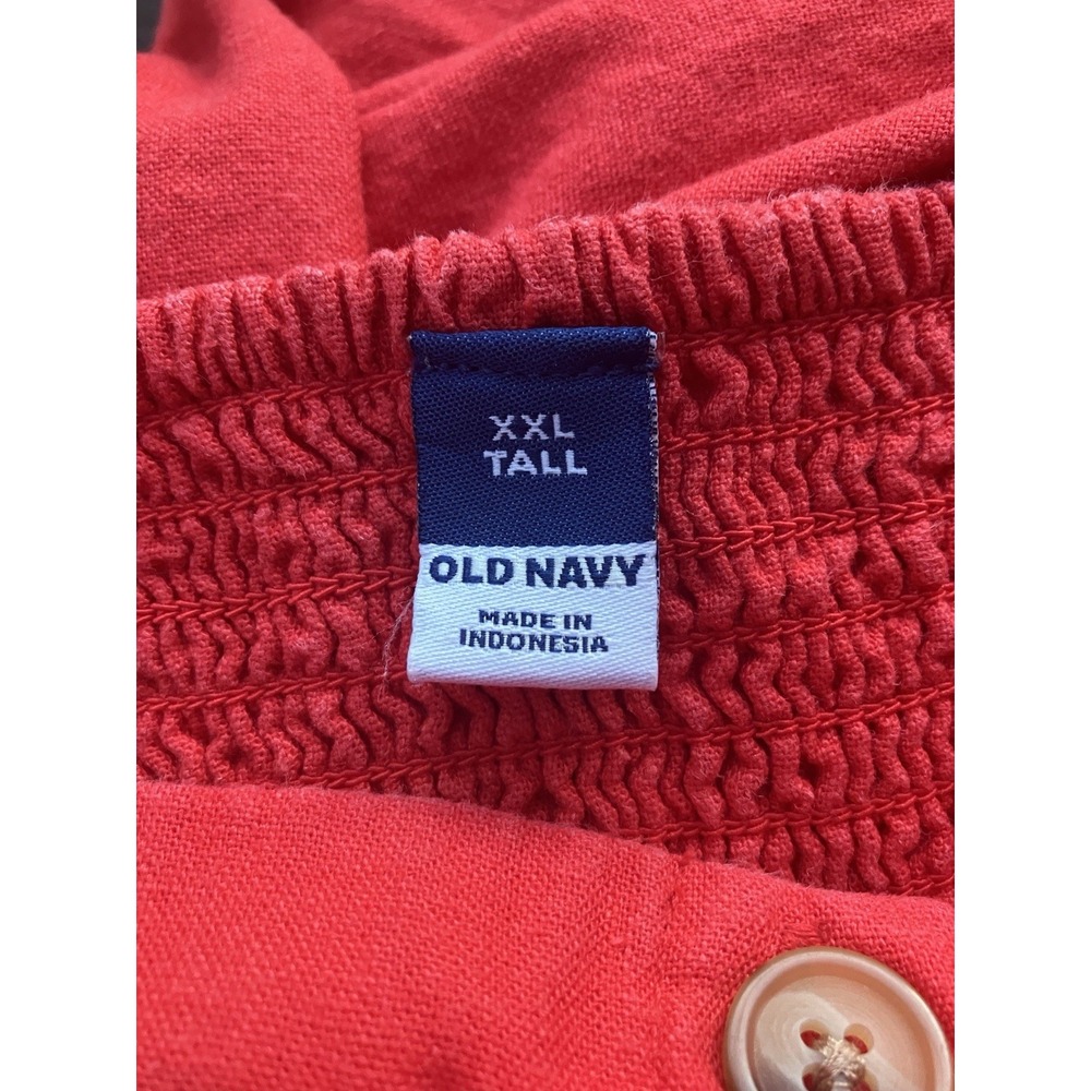 XXL Tall Old Navy Linen Blend Dress Puff Sleeve Button Front Midi Smocked Red - Picture 3 of 9